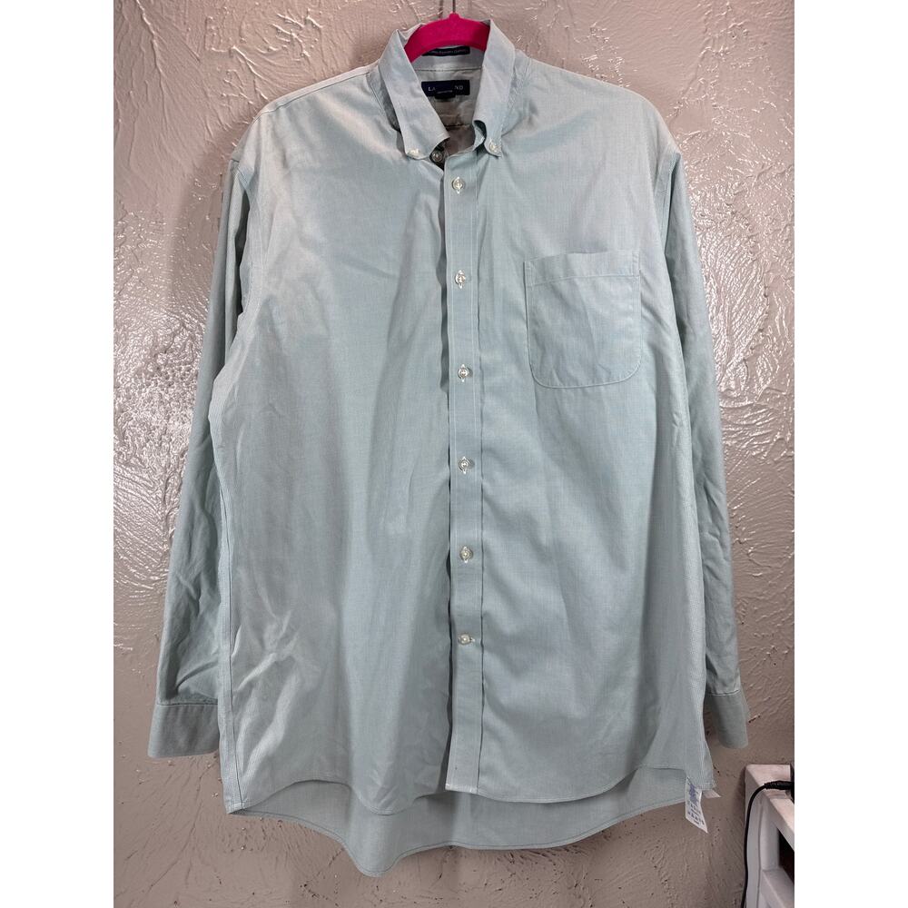 Lands' End Mens Green Check Button Up No Iron Pinpoint Oxford Shirt Size 16.5-34